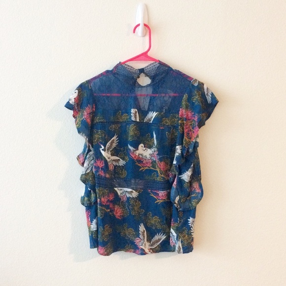 Express Tops - Bird print high neck lace flutter sleeve blouse